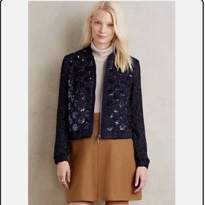 ANTHROPOLOGIE ELEVENSES SEQUINED BOMBER JACKET MEDIUM NAVY